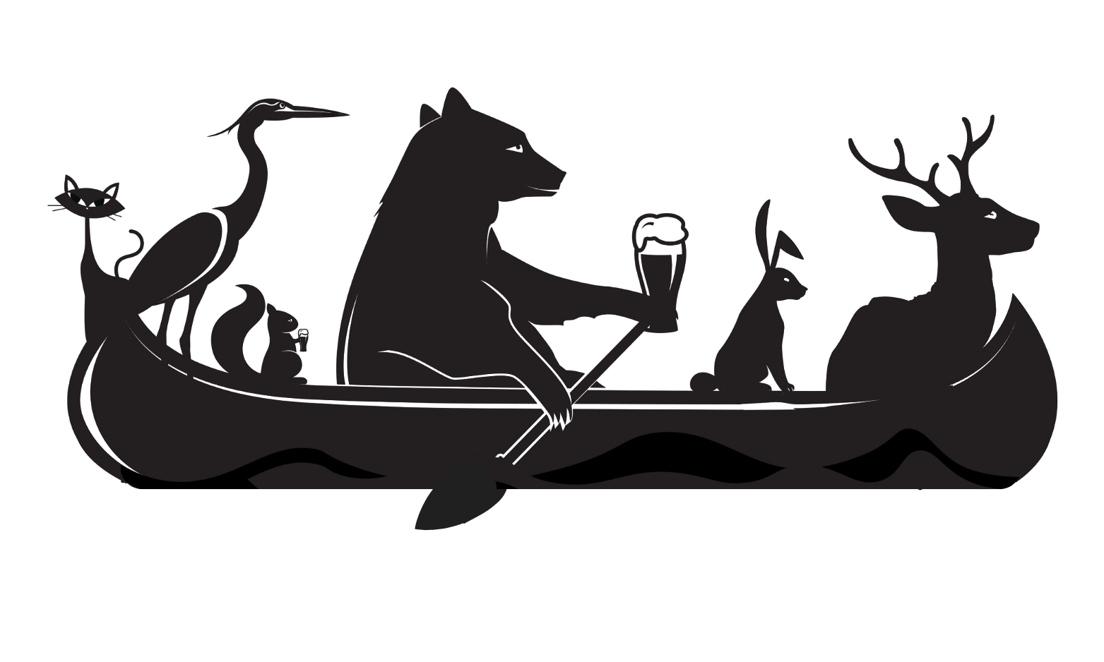 Illustration of woodland animals in a canoe: a cat, heron, squirrel, bear holding a beer, rabbit, and deer